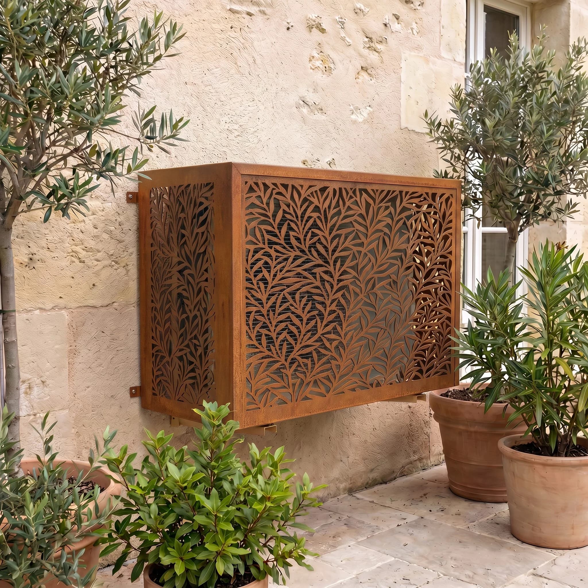 Cache climatisation Canopée en acier Corten, motif végétal découpé au laser, sur une façade en pierre