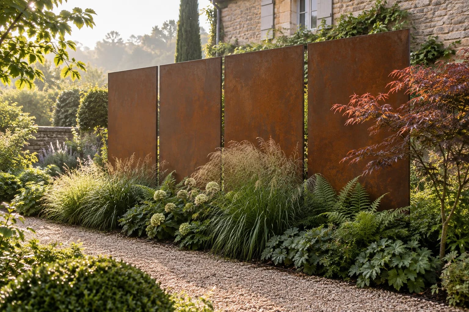 Inspiration : une rangée de panneaux Corten pleins derrière les plantations d’un jardin