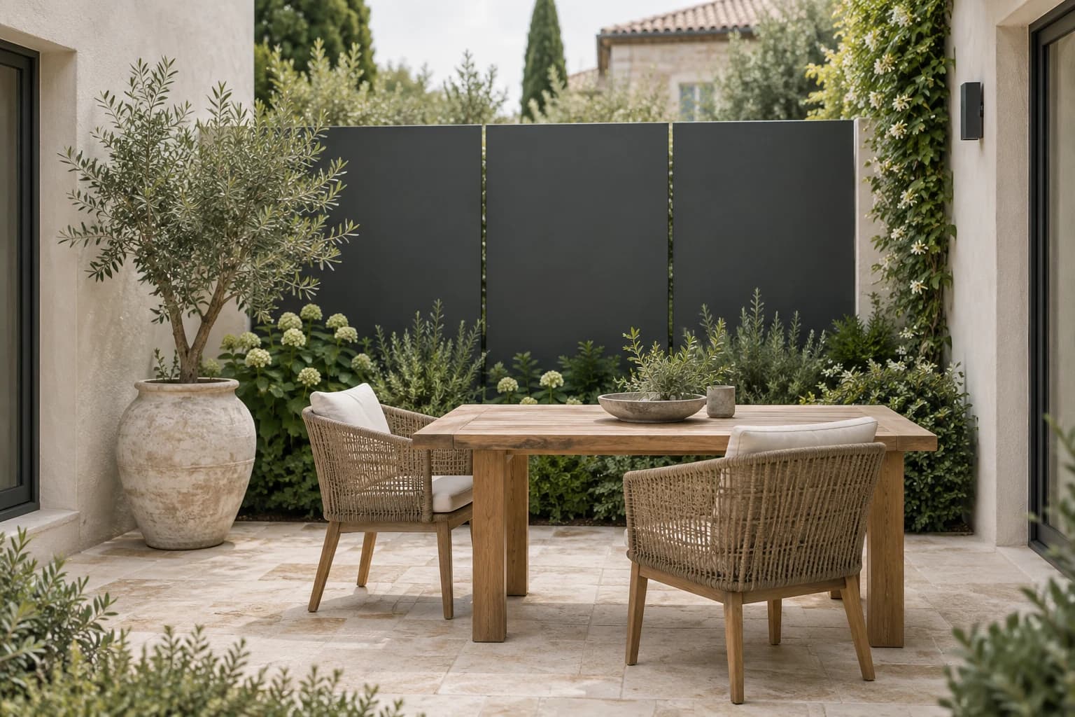 Inspiration : claustras pleins anthracite dans un patio contemporain aux murs clairs