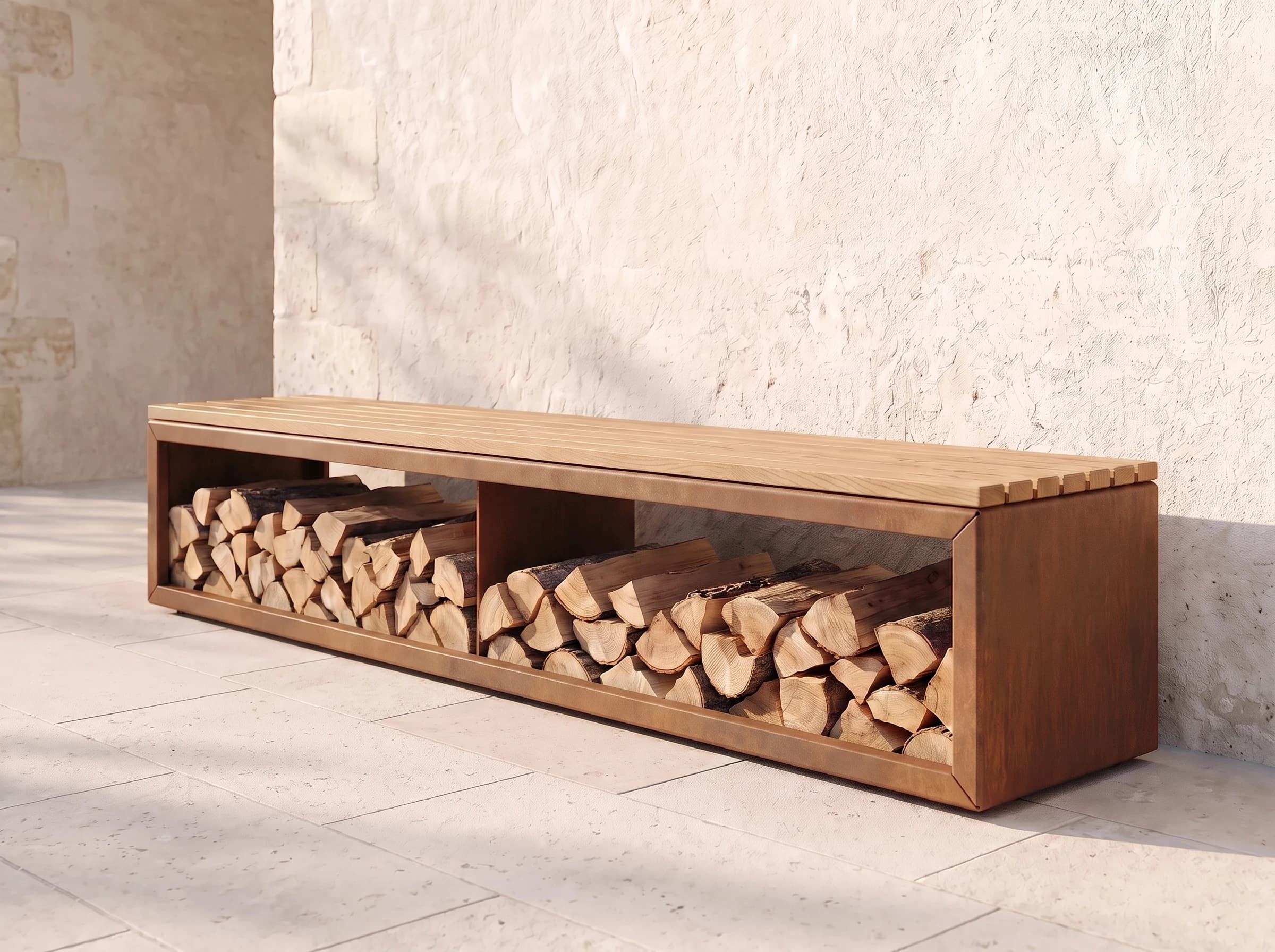 Banc range-bûches sur mesure en acier Corten avec assise en bois sur une terrasse en pierre