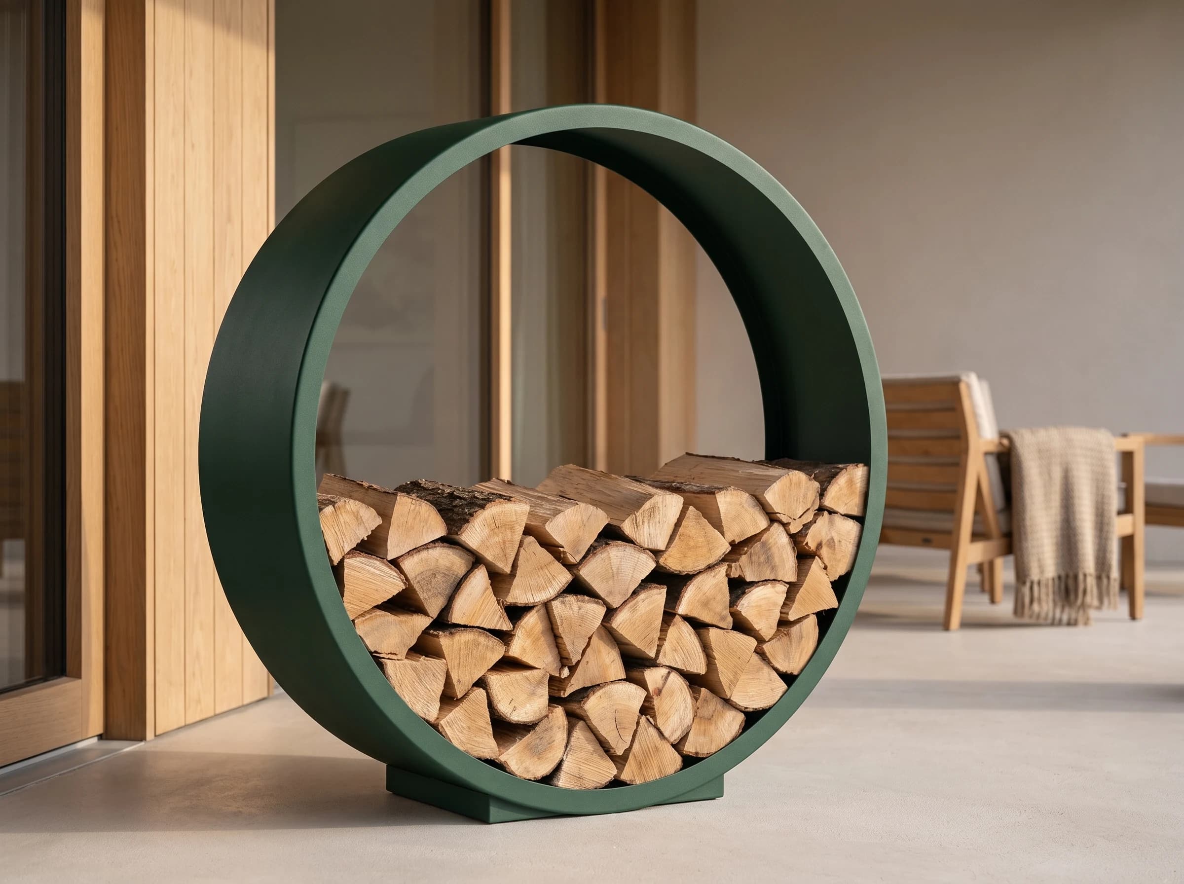 Range-bûches Lune sur mesure thermolaqué vert installé dans une loggia contemporaine