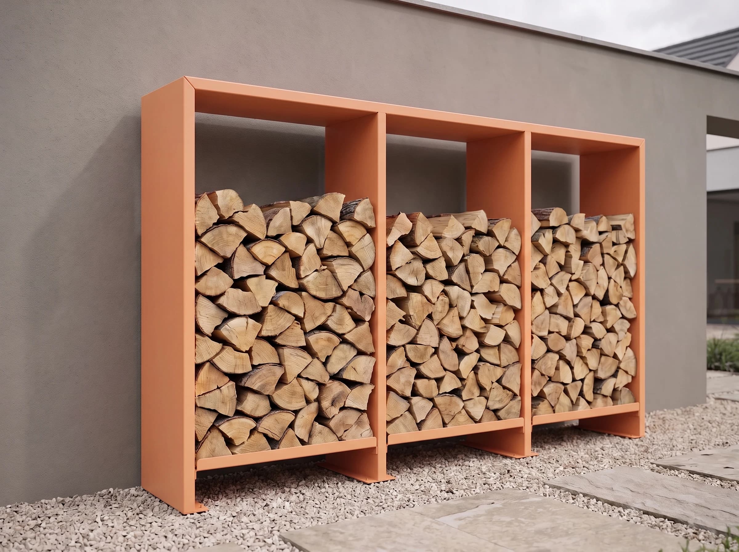 Range-bûches Stère à trois compartiments thermolaqué orange pastel dans un jardin contemporain