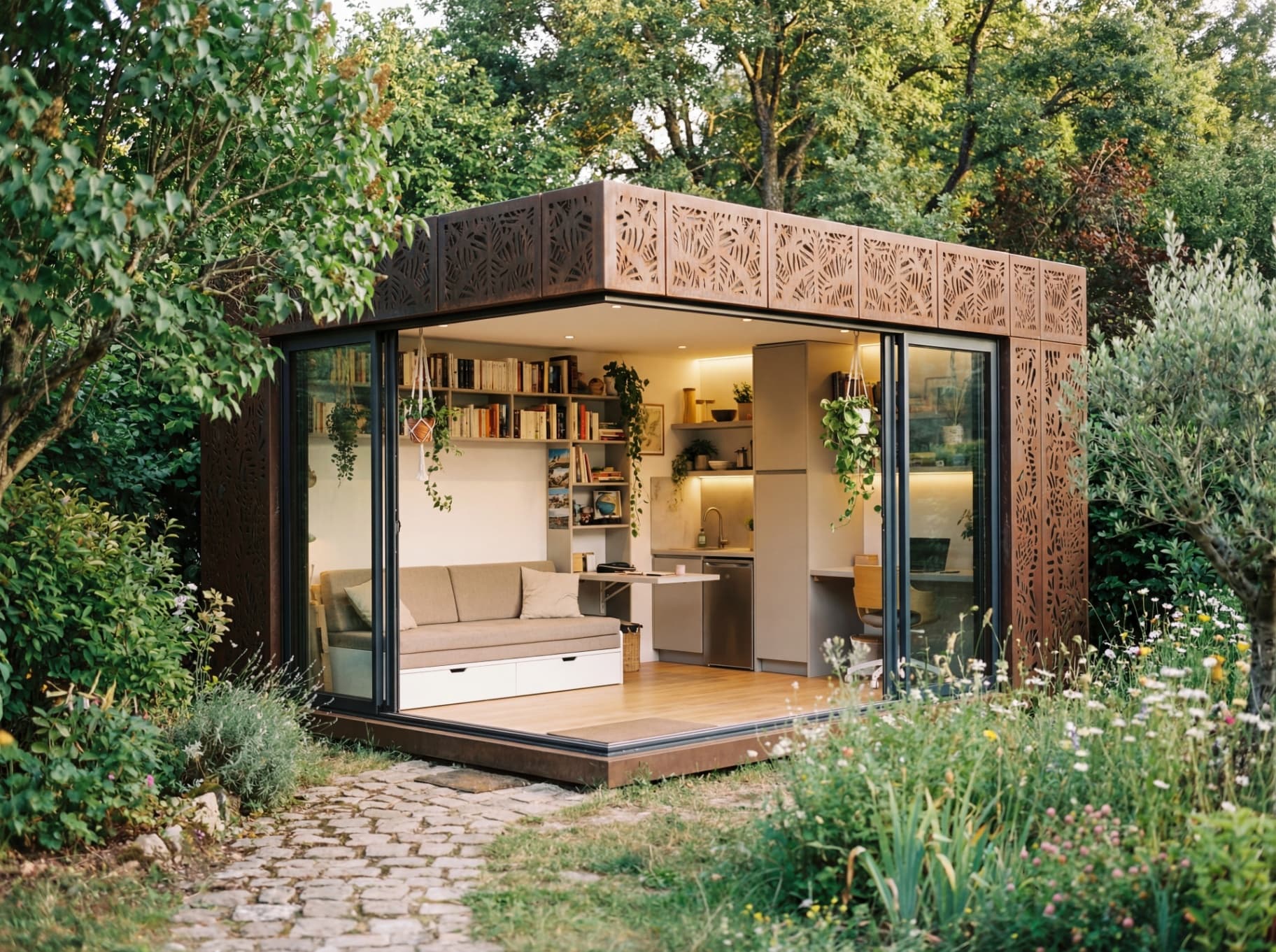 Studio de jardin Jardera avec façade en acier Corten découpée laser, intérieur aménagé avec salon, bibliothèque et kitchenette