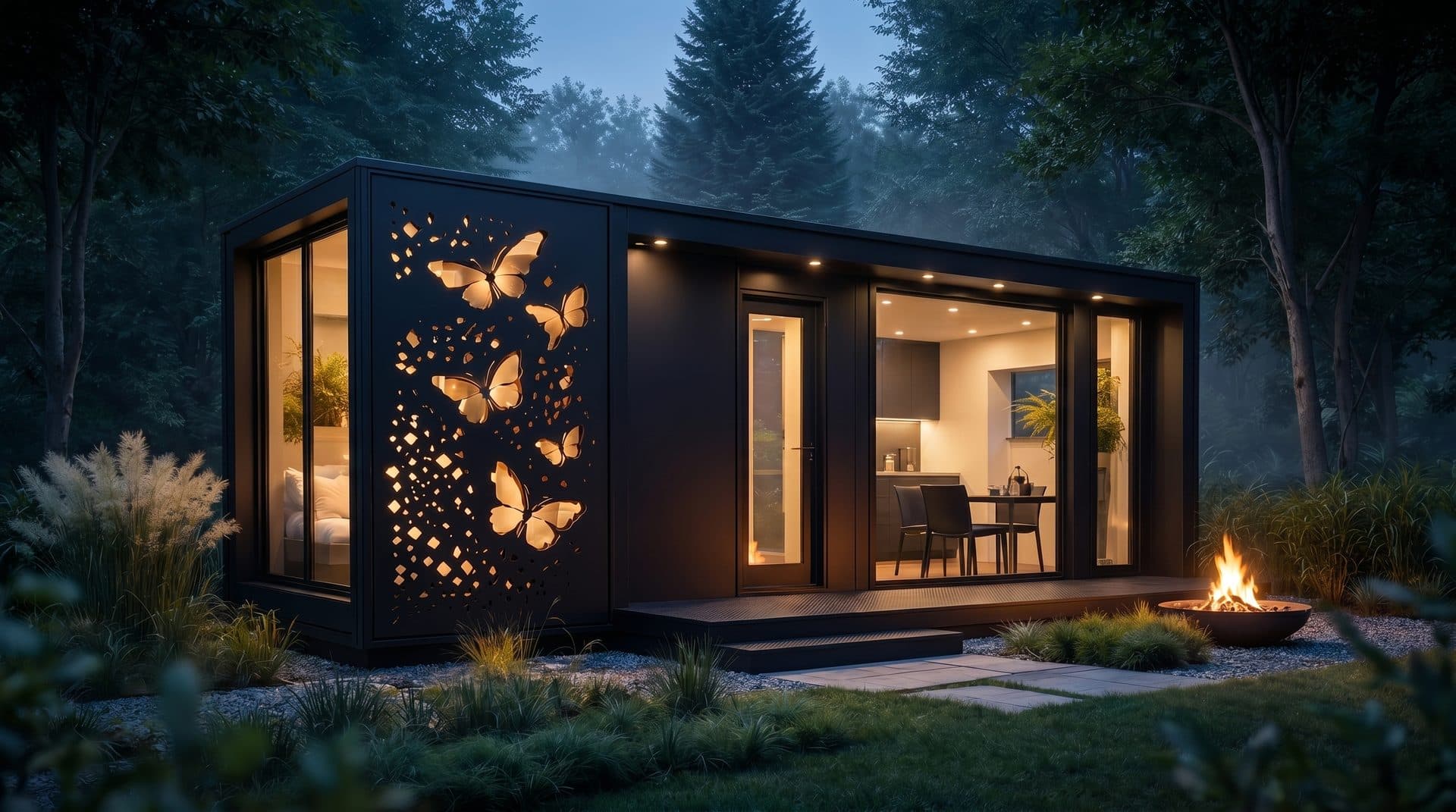 Tiny House NOVA 15 - façade métallique noir mat avec découpe laser signature papillons rétroéclairée, au crépuscule en forêt