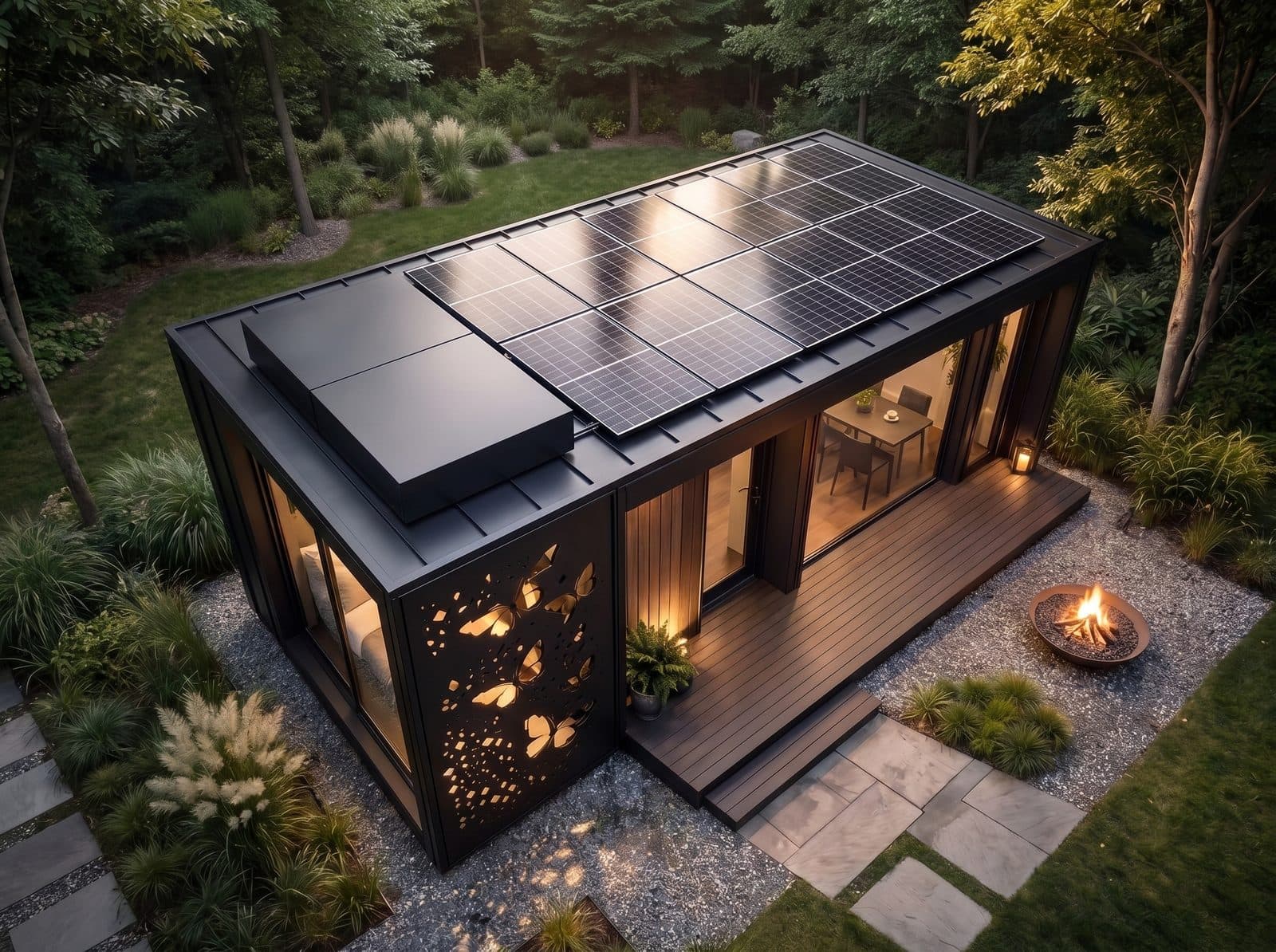 Panneaux solaires monocristallins en toiture, vue aérienne