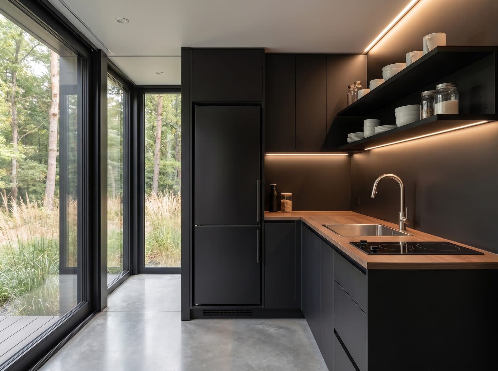 Cuisine haut de gamme : plan de travail pierre, électroménager encastré, hotte design, éclairage LED sous meubles