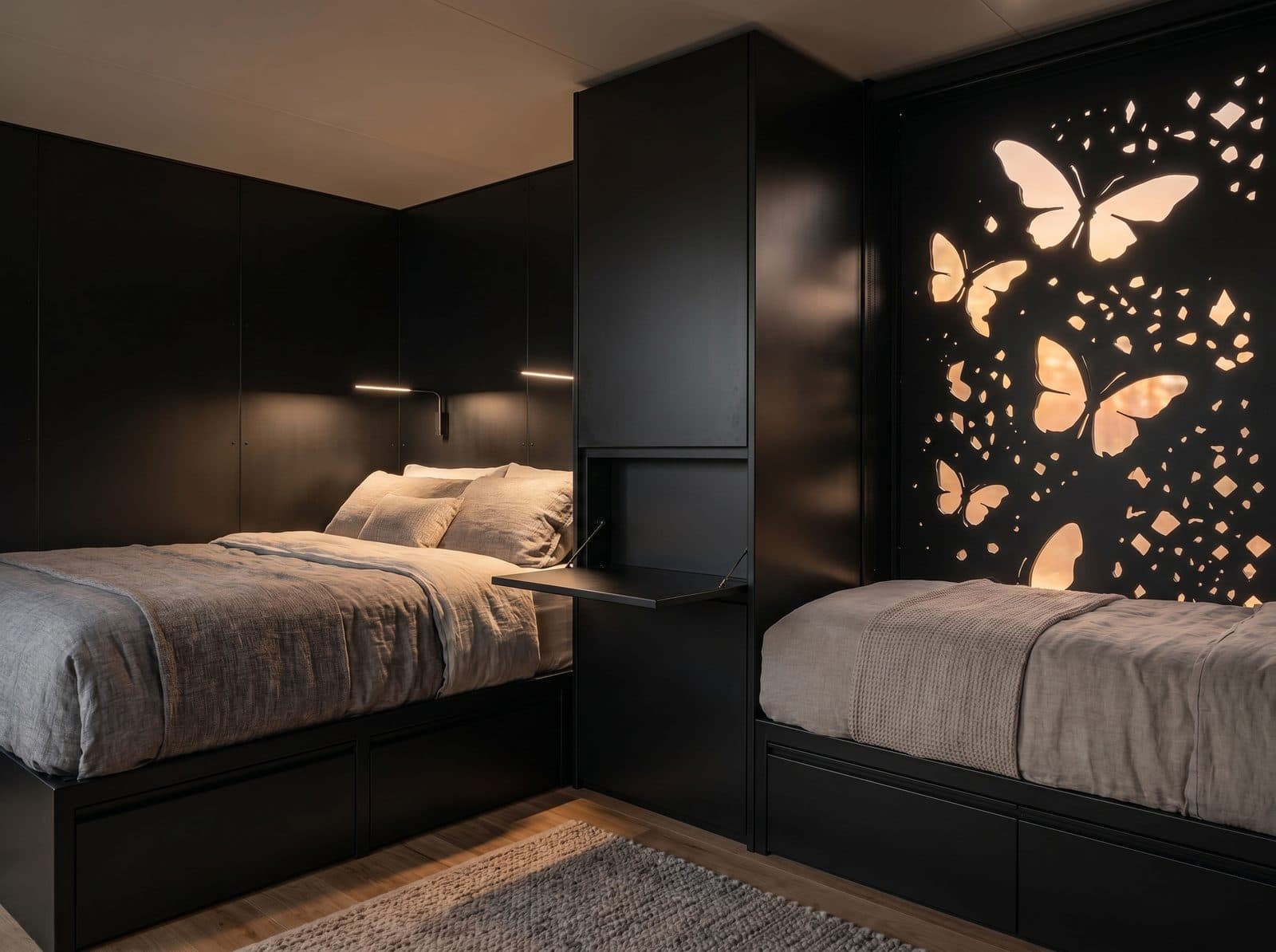 Lit intégré avec rangements, table et mobilier sur mesure, ambiance tamisée