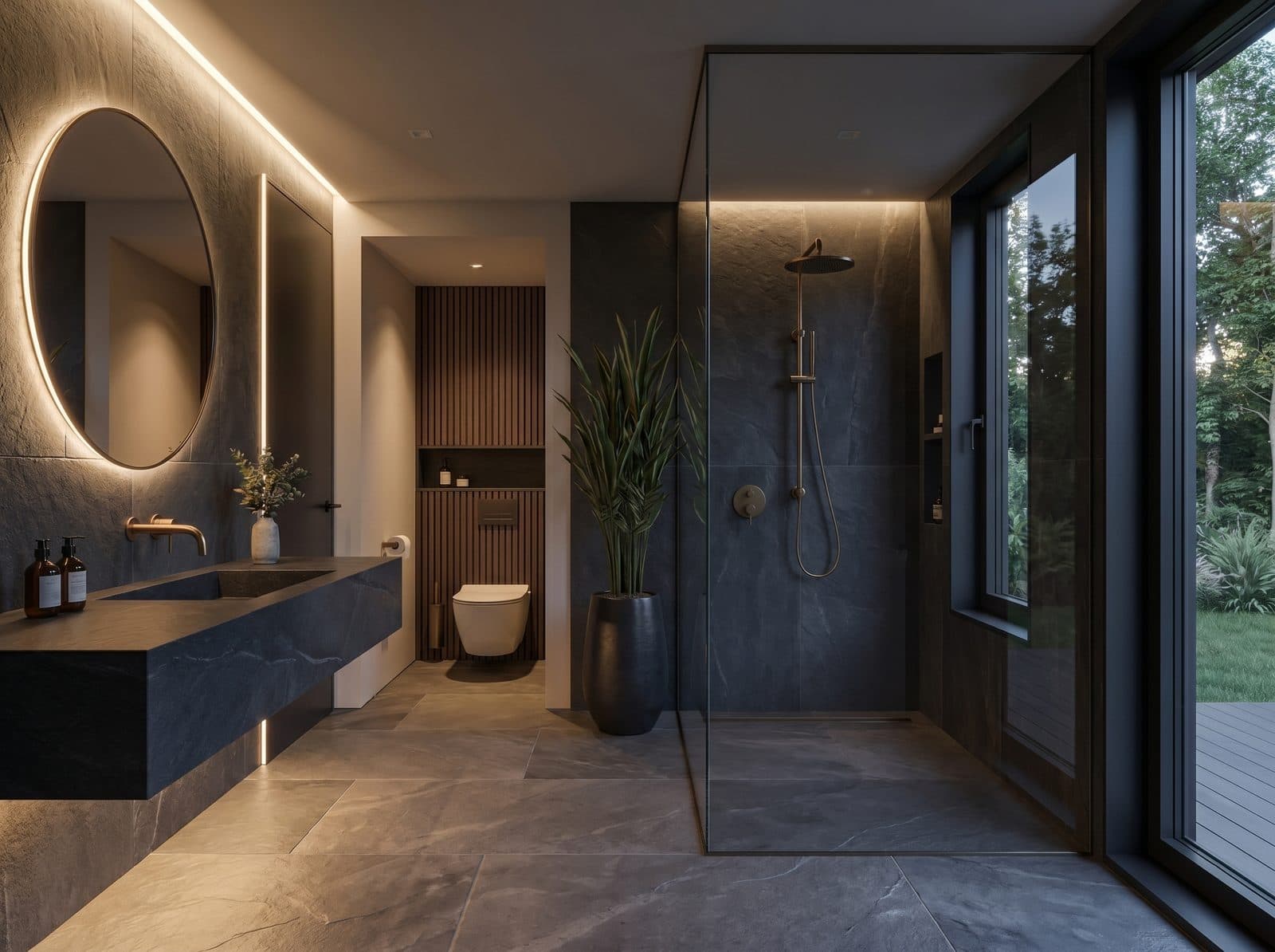 Salle de bain luxe : douche pluie grand format, vasque pierre, matériaux haut de gamme