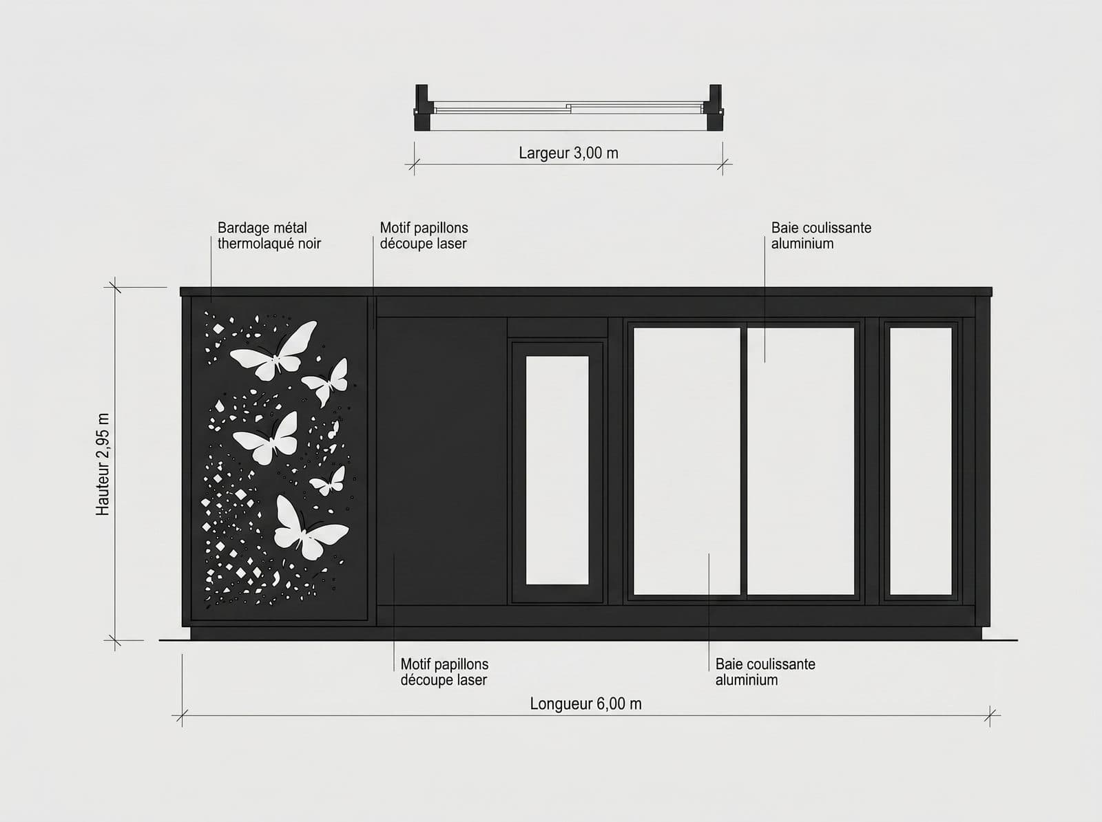 Schéma dimensionné NOVA 15 : longueur 6 m, largeur 3 m, hauteur < 3 m