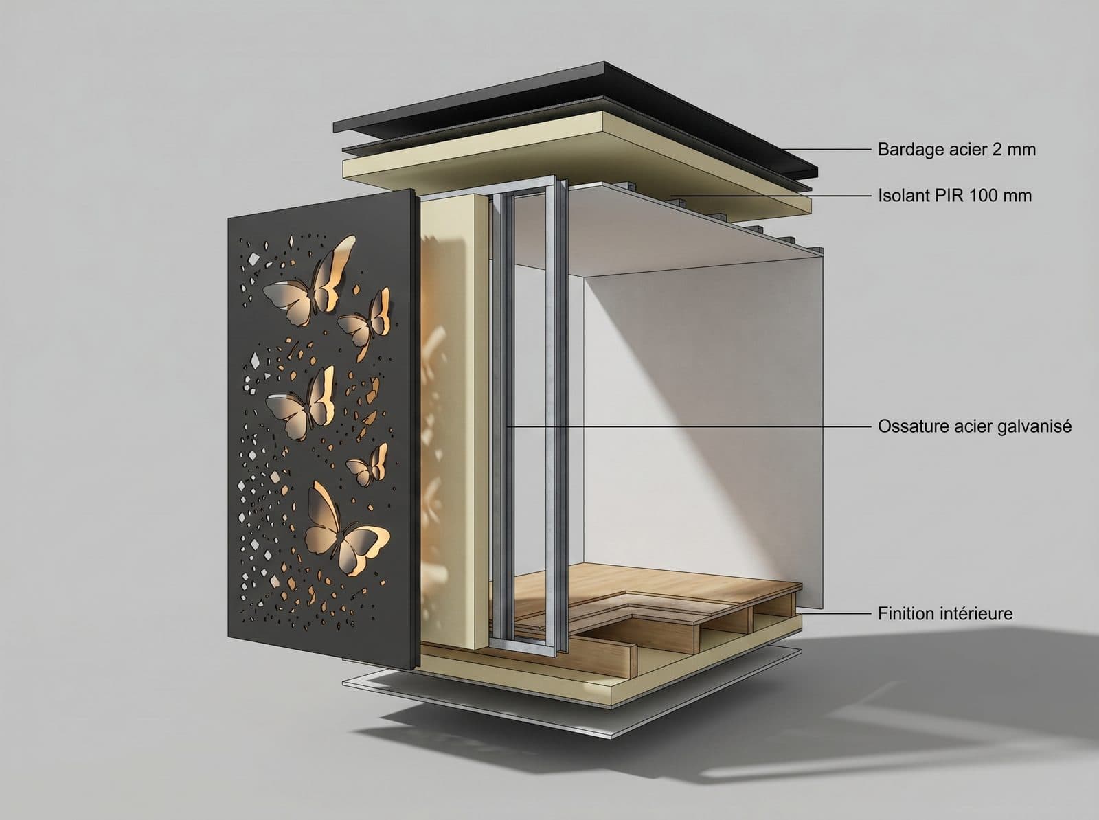 Coupe technique de la paroi : bardage acier 2 mm, isolant PIR 100 mm, ossature galvanisée