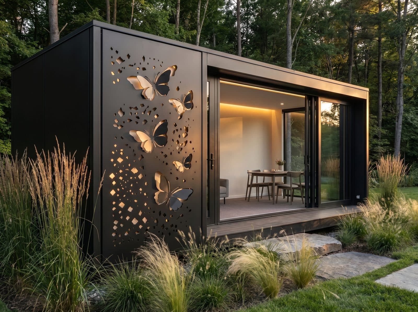 Baie vitrée aluminium coulissante double vitrage, intégrée à la façade noir mat