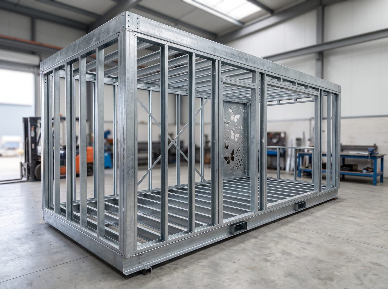 Ossature acier galvanisé 6 × 3 m NOVA 15 en atelier : chassis UPN, montants au pas de 60 cm, cross-bracing