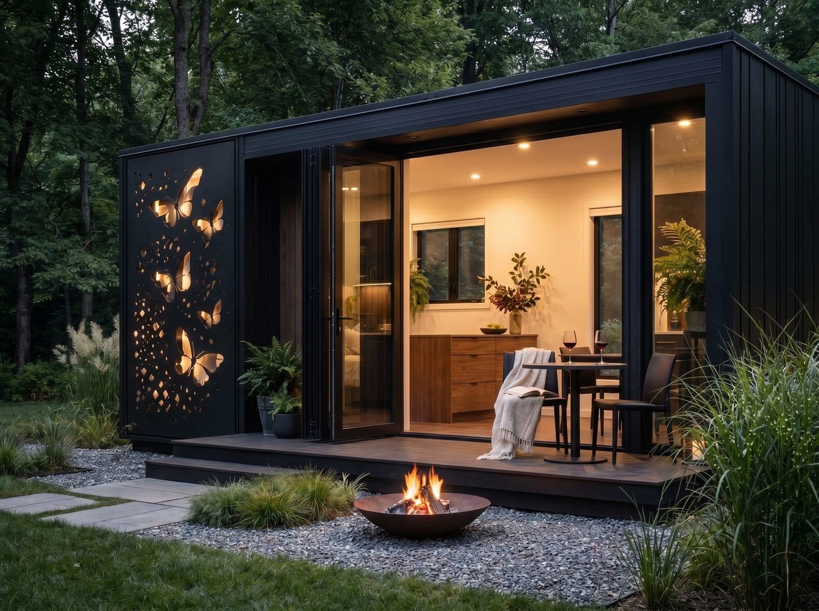 Tiny House NOVA 15 en configuration hébergement insolite premium, intérieur accueillant au crépuscule