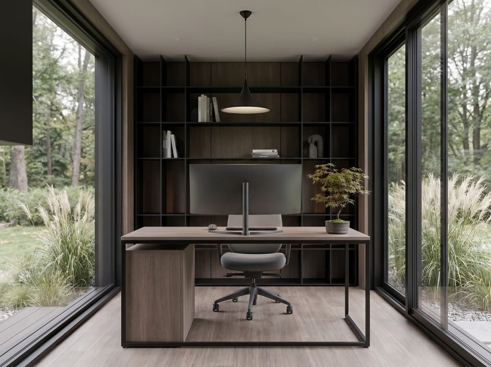 NOVA 15 aménagée en bureau design : espace de travail lumineux, mobilier épuré, vue sur jardin
