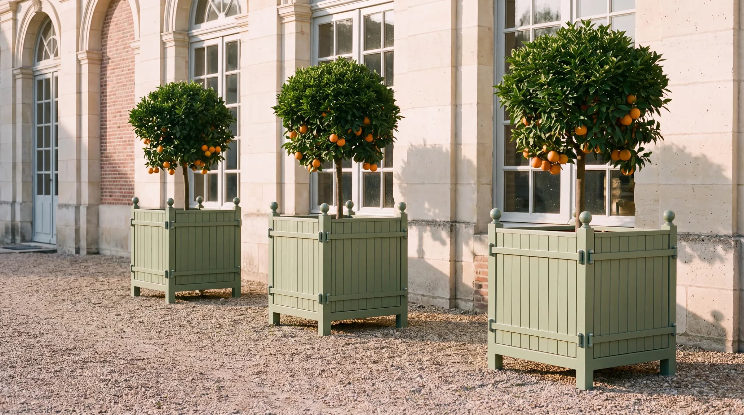 Trois bacs à oranger verts alignés devant la façade d'une orangerie, orangers taillés en boule
