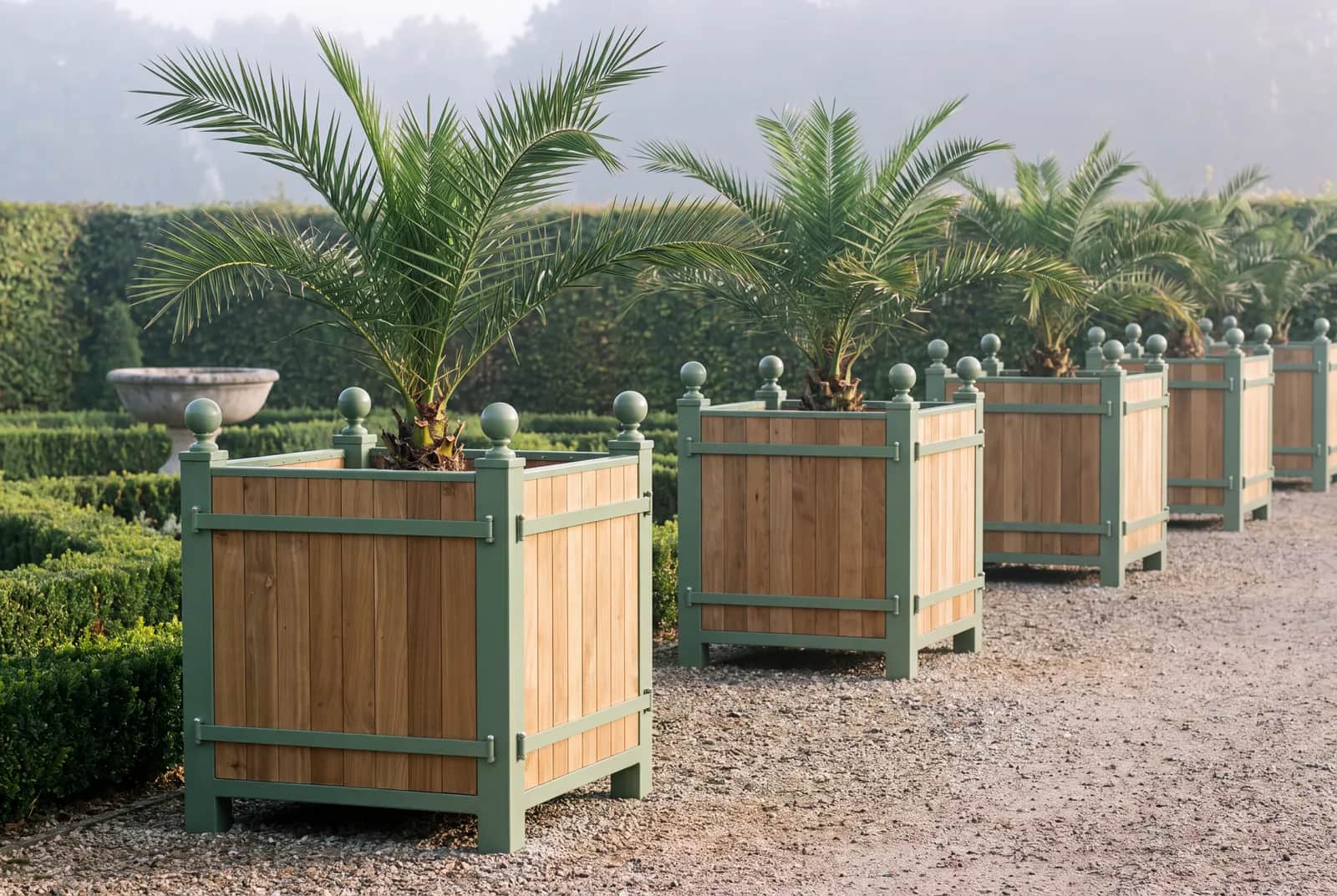 Allée de jardin à la française ponctuée de bacs à oranger avec palmiers