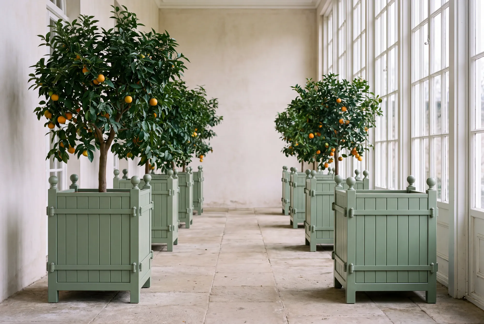 Bacs à oranger verts alignés dans une orangerie en hiver, orangers en fruits