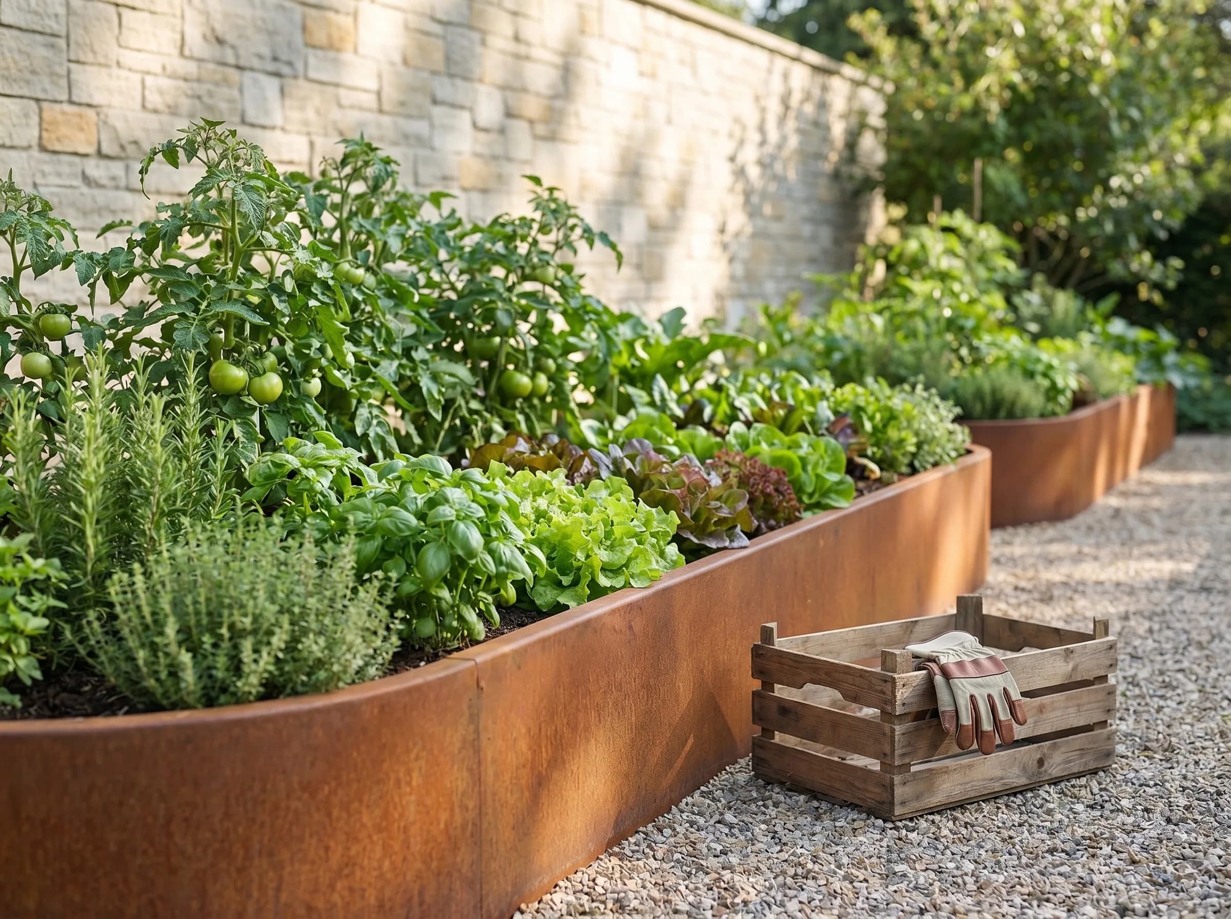 Bordure corten sur un potager surélevé