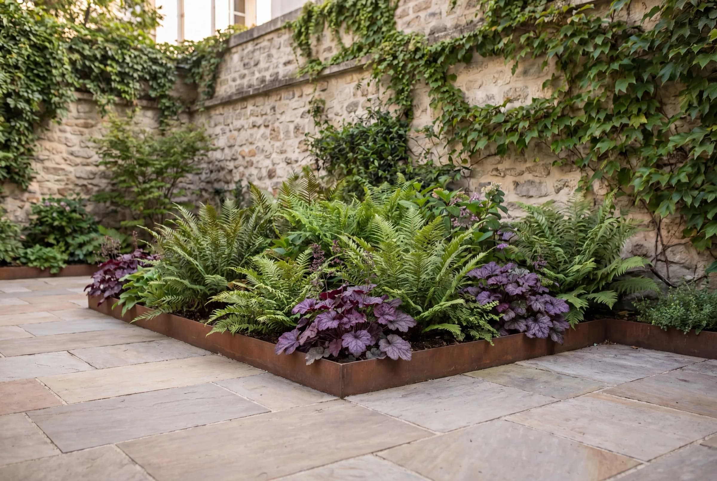 Bordure corten dans un petit jardin urbain parisien