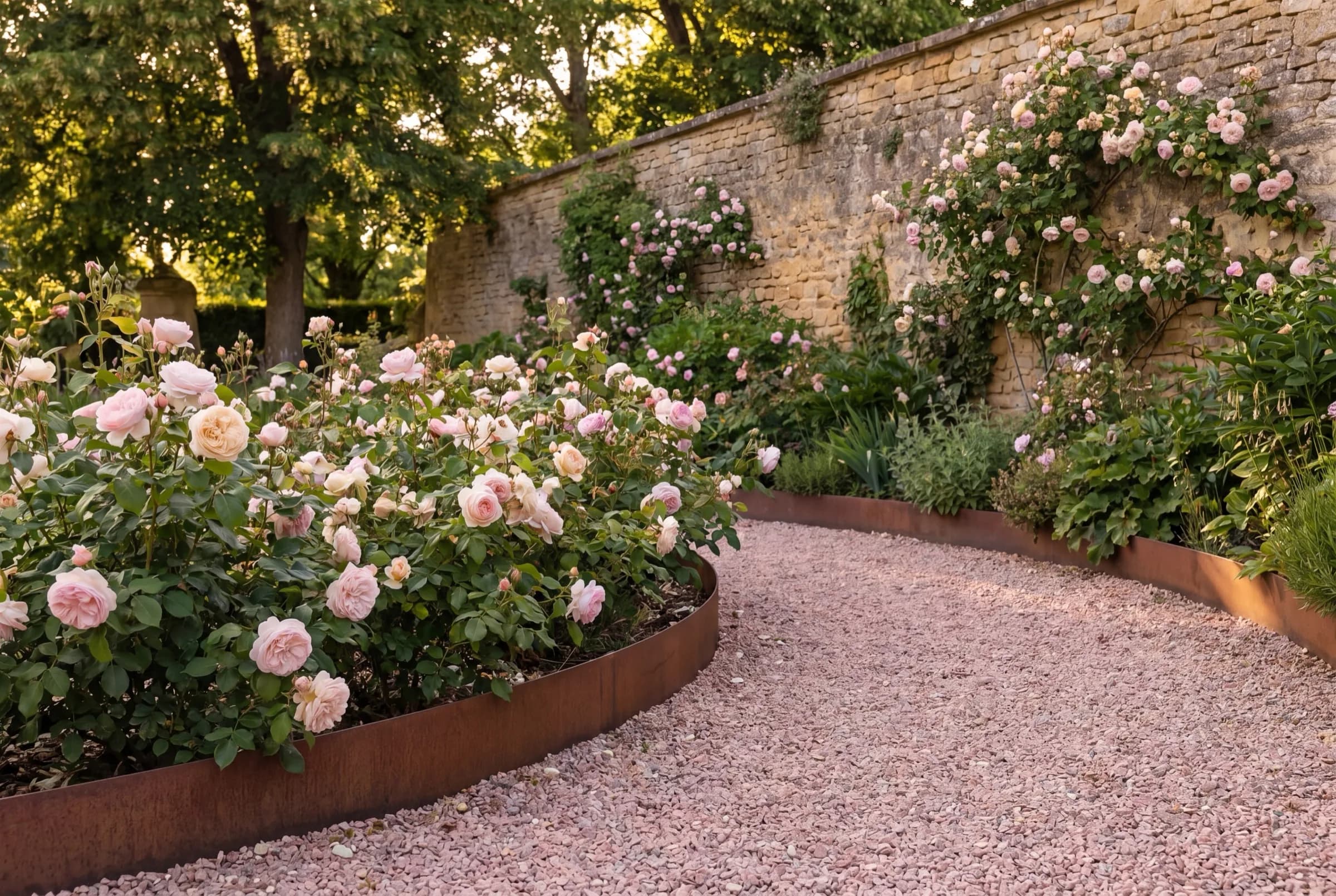 Bordure corten devant un massif de roses anciennes