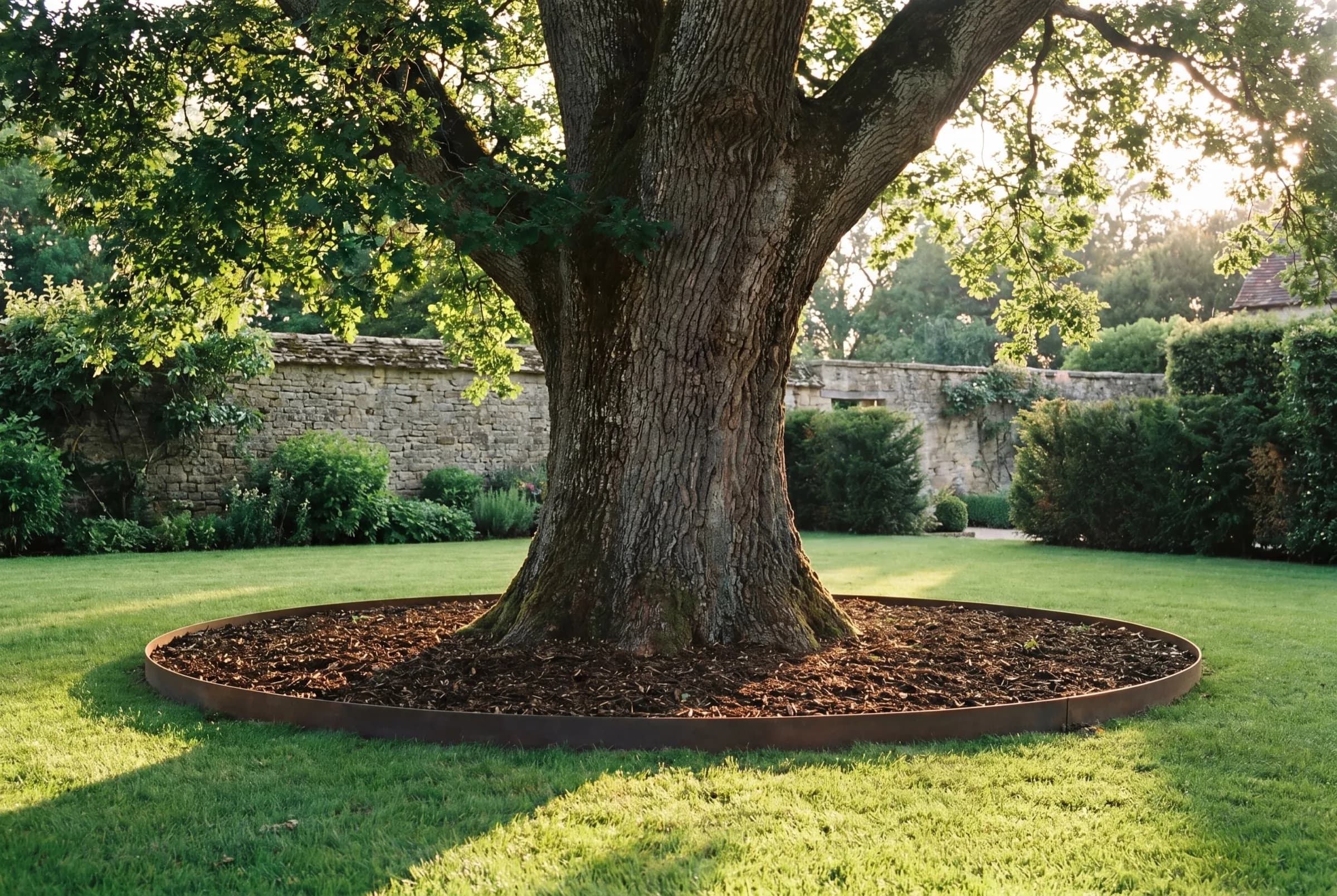 Bordure corten formant un cercle autour d'un arbre