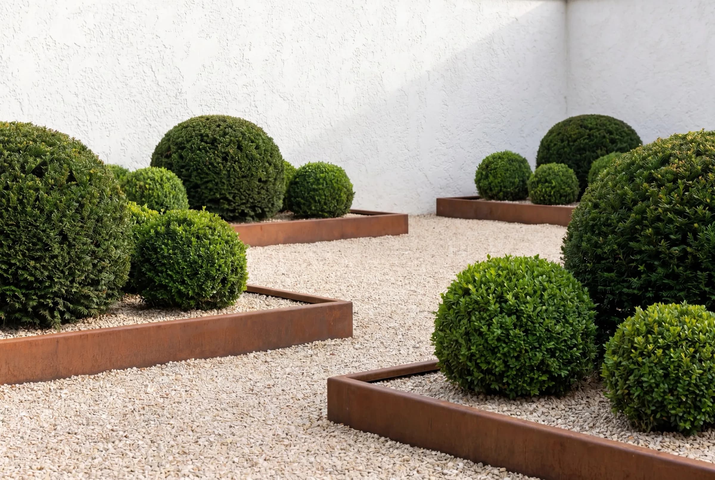 Bordure corten dans un jardin minéral avec topiaires