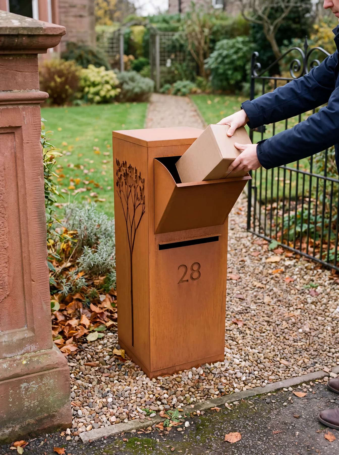 Livreur déposant un colis dans la trappe basculante d'une colonne courrier et colis en acier corten
