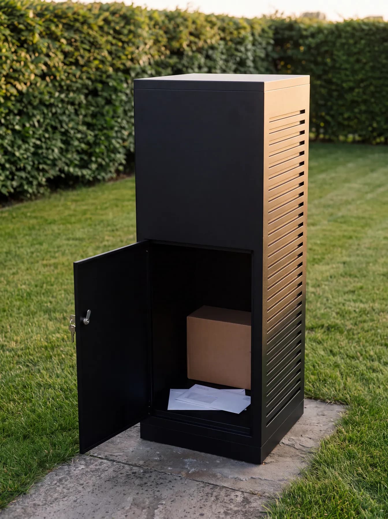 Porte arrière à clé ouverte côté jardin sur le compartiment colis d'une boîte aux lettres noire à motif horizon