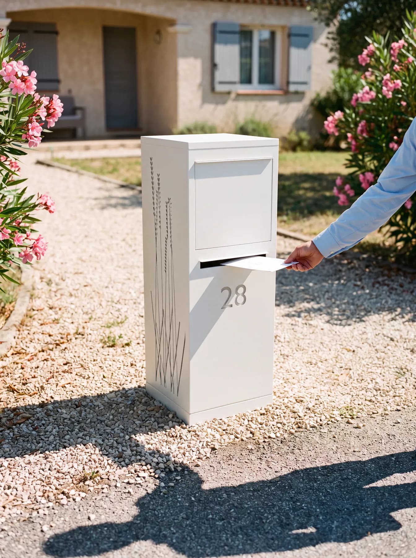 Lettre glissée dans la fente à lettres d'une boîte aux lettres colis blanche à motif graminées