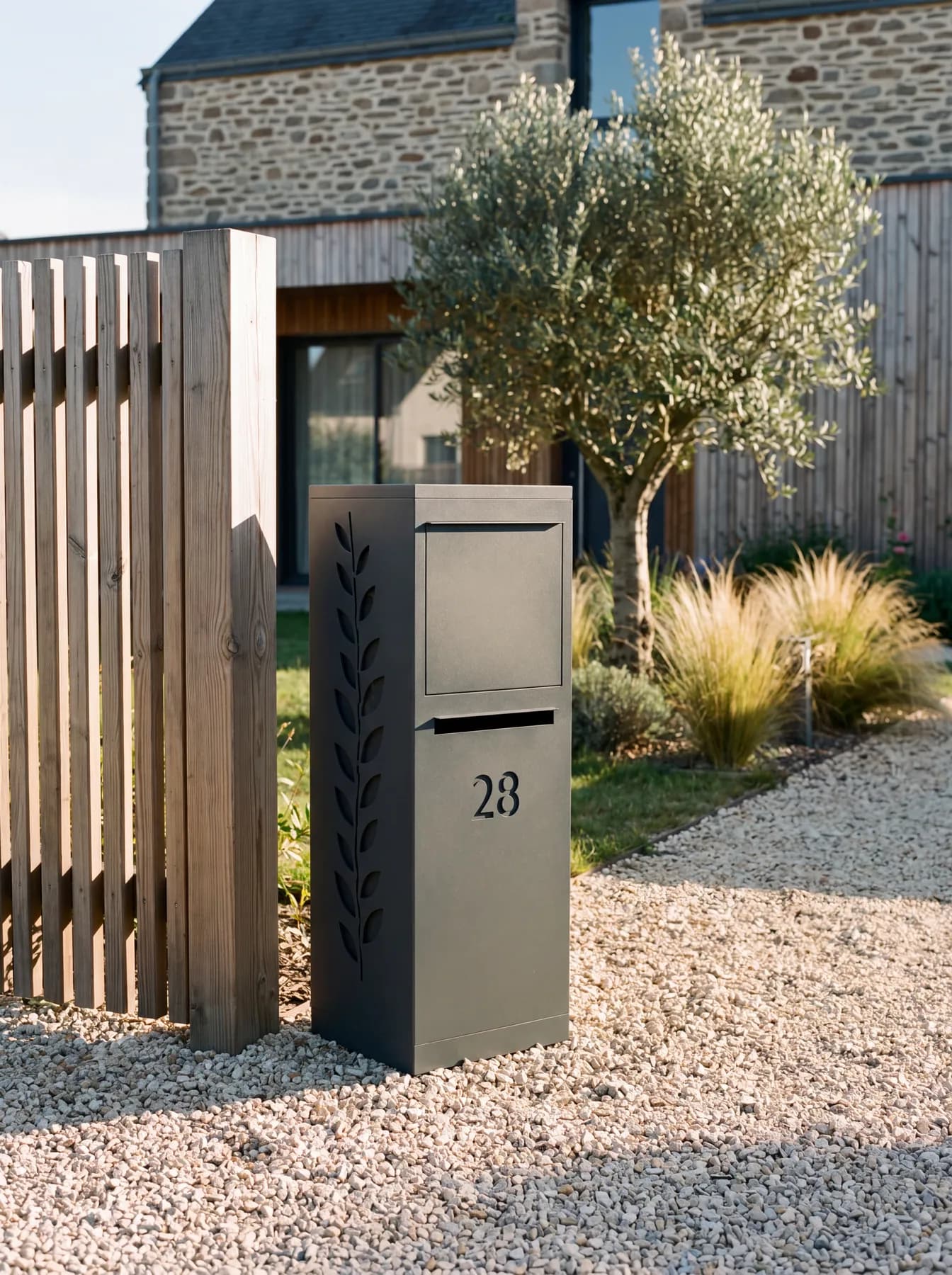 Boîte aux lettres colis sur pied gris anthracite à motif feuillage, à côté du portillon d'une maison