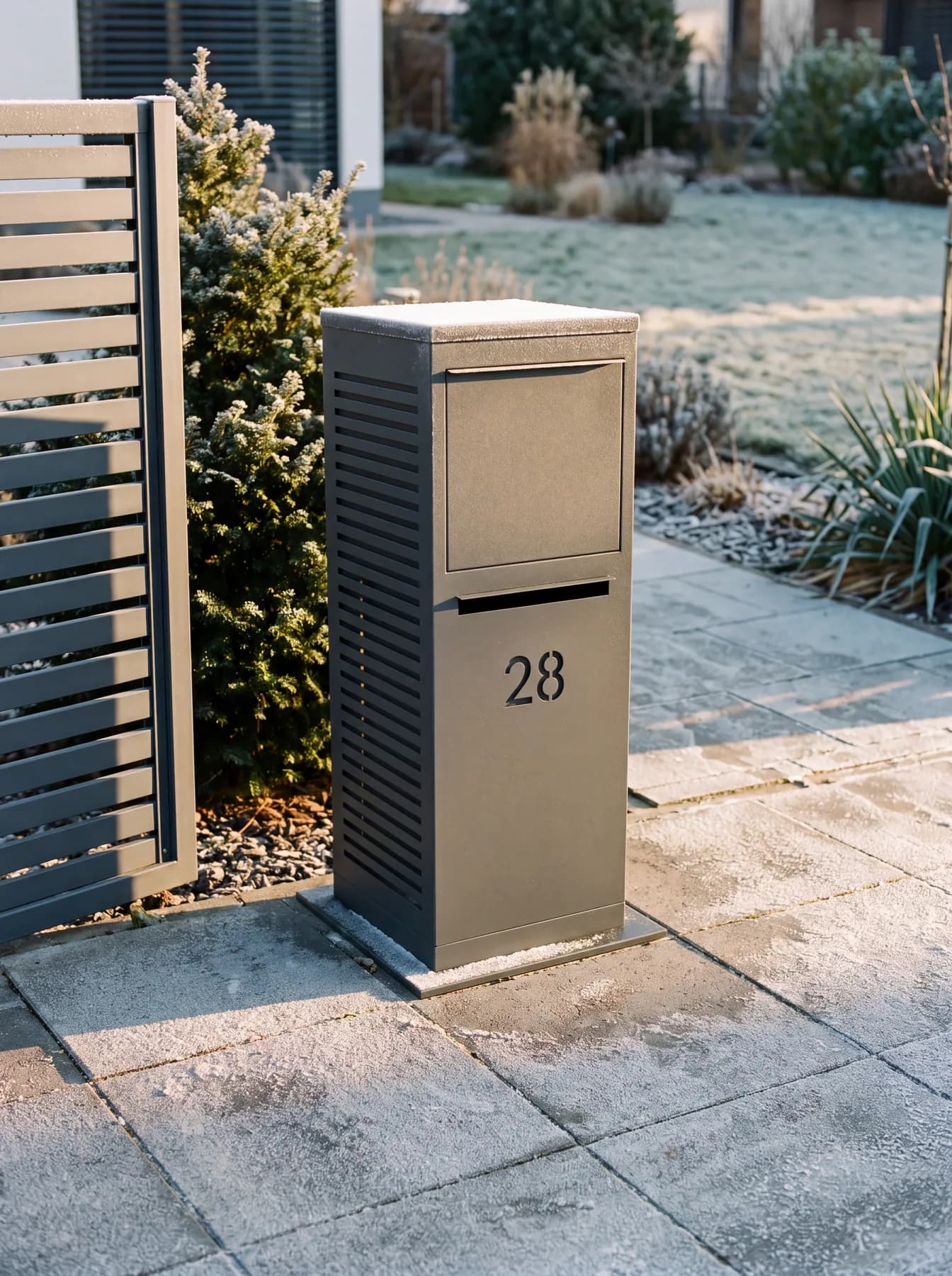 Boîte aux lettres colis gris anthracite à motif horizon un matin de givre