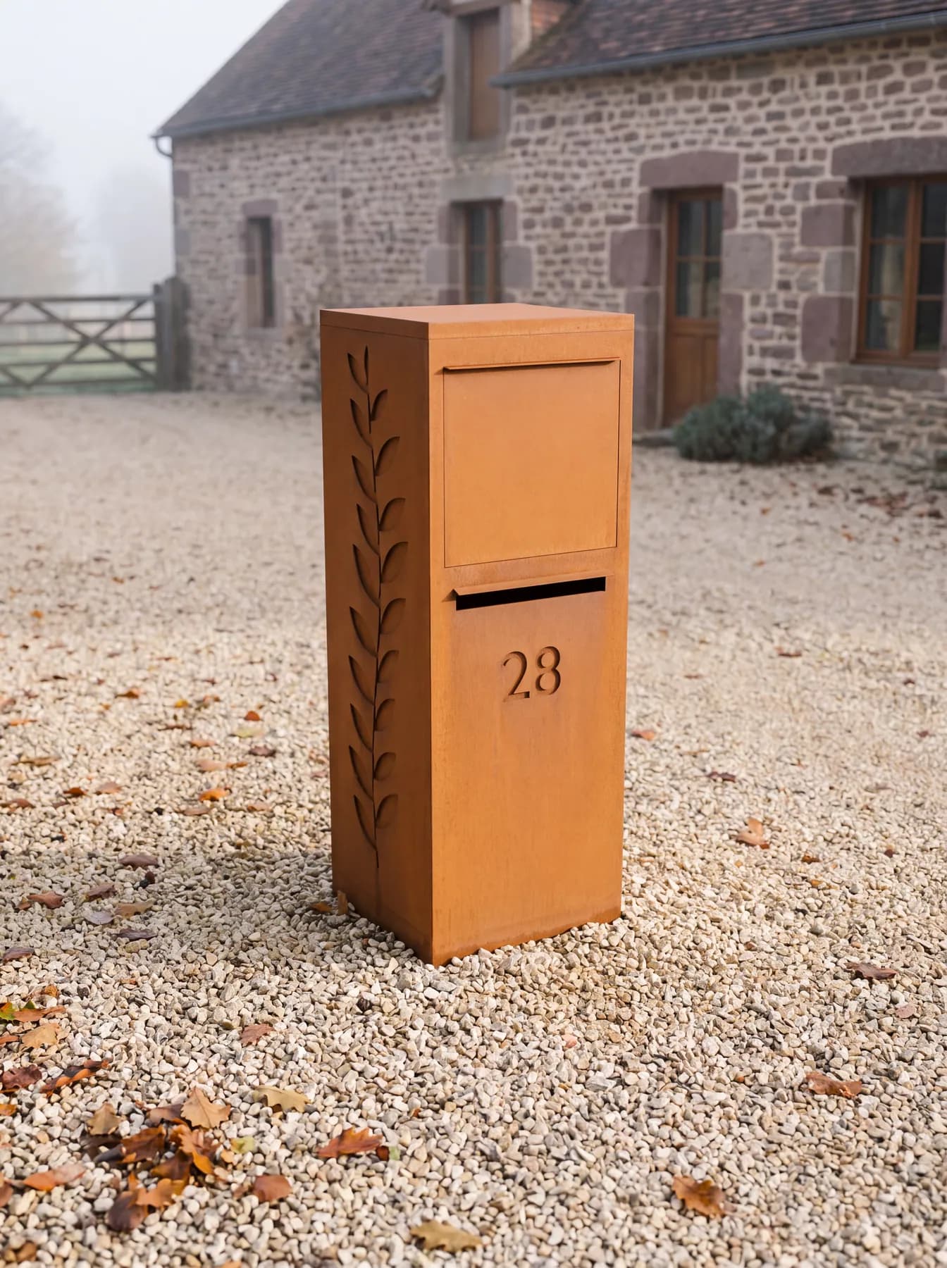 Boîte aux lettres et colis en acier corten devant le portail d'une longère en pierre