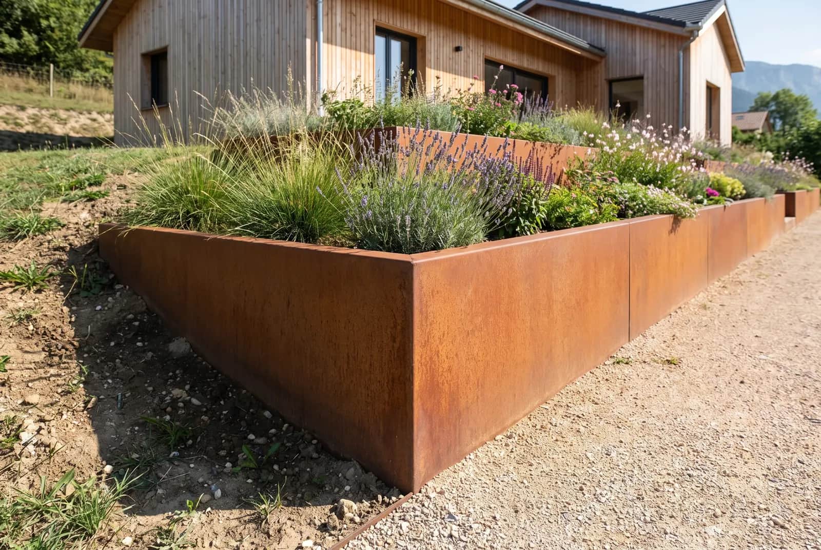 Coin extérieur en Corten retenant un talus planté devant une maison en bois
