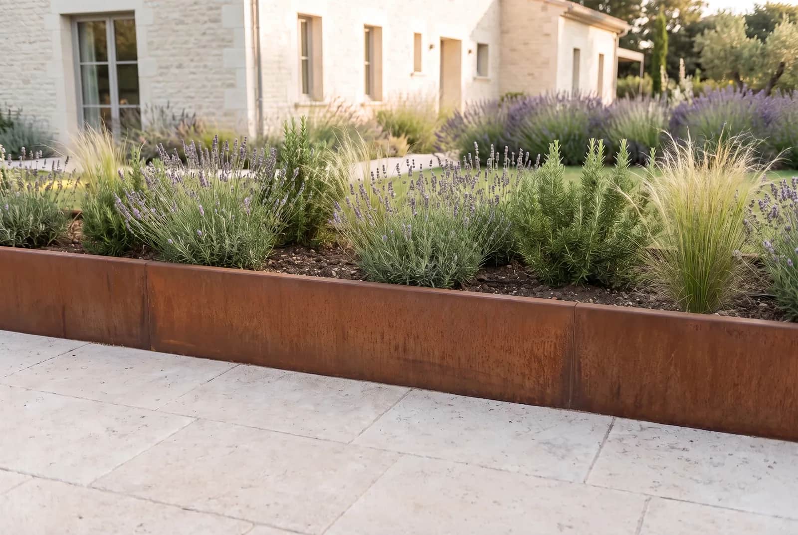 Mur de soutènement droit en Corten retenant un massif de graminées le long d'une terrasse