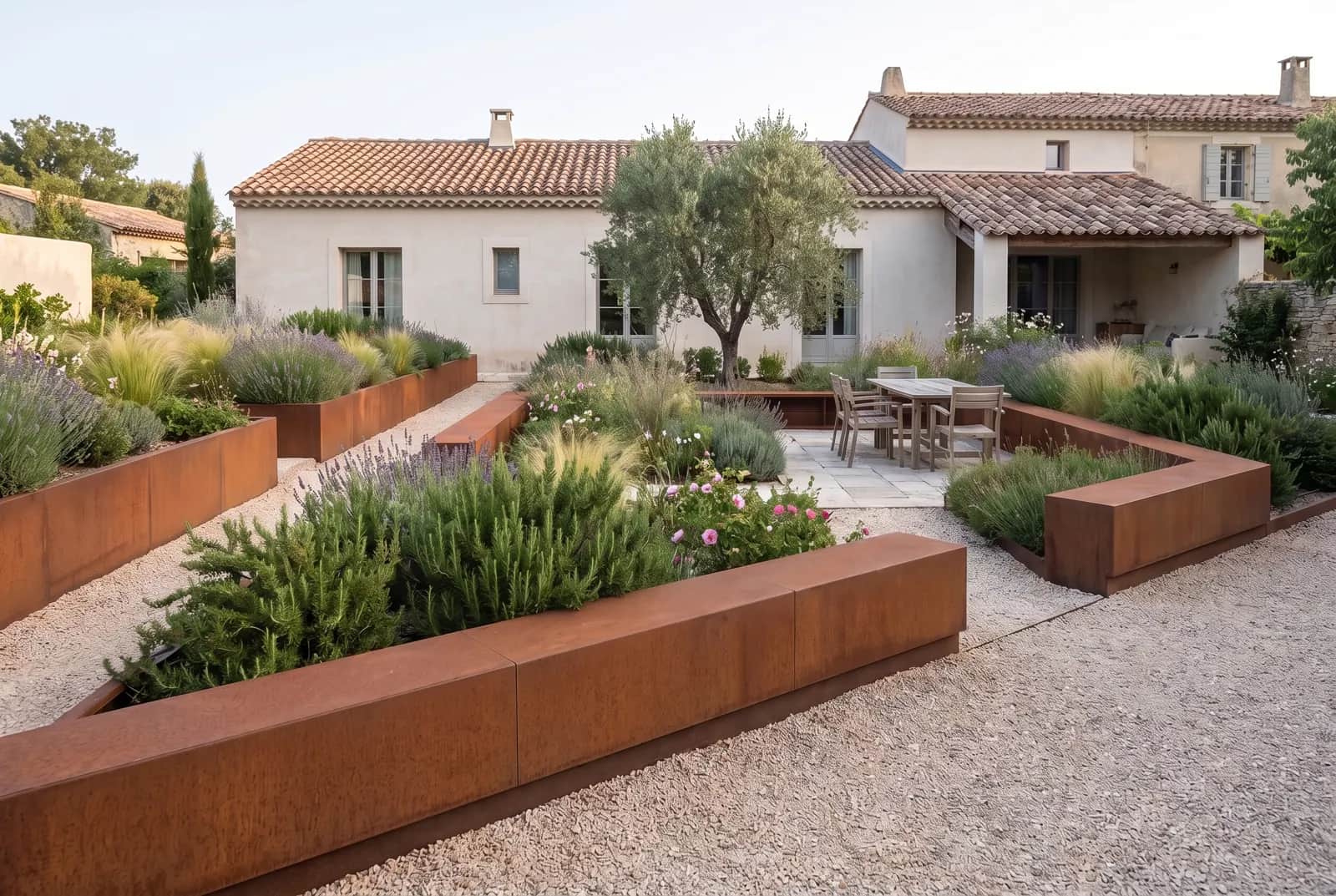 Murs à profil inversé en Corten structurant un patio de maison de maître