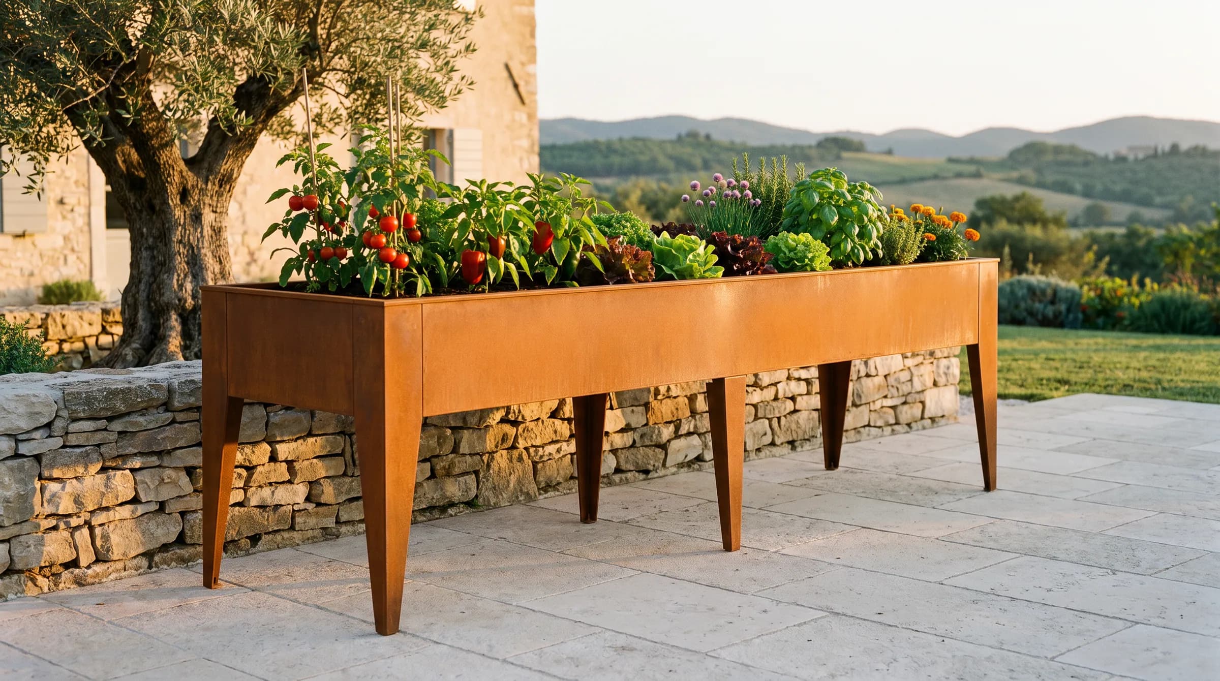 Carré potager sur pieds en acier corten 200 × 80 cm planté de légumes sur une terrasse en pierre