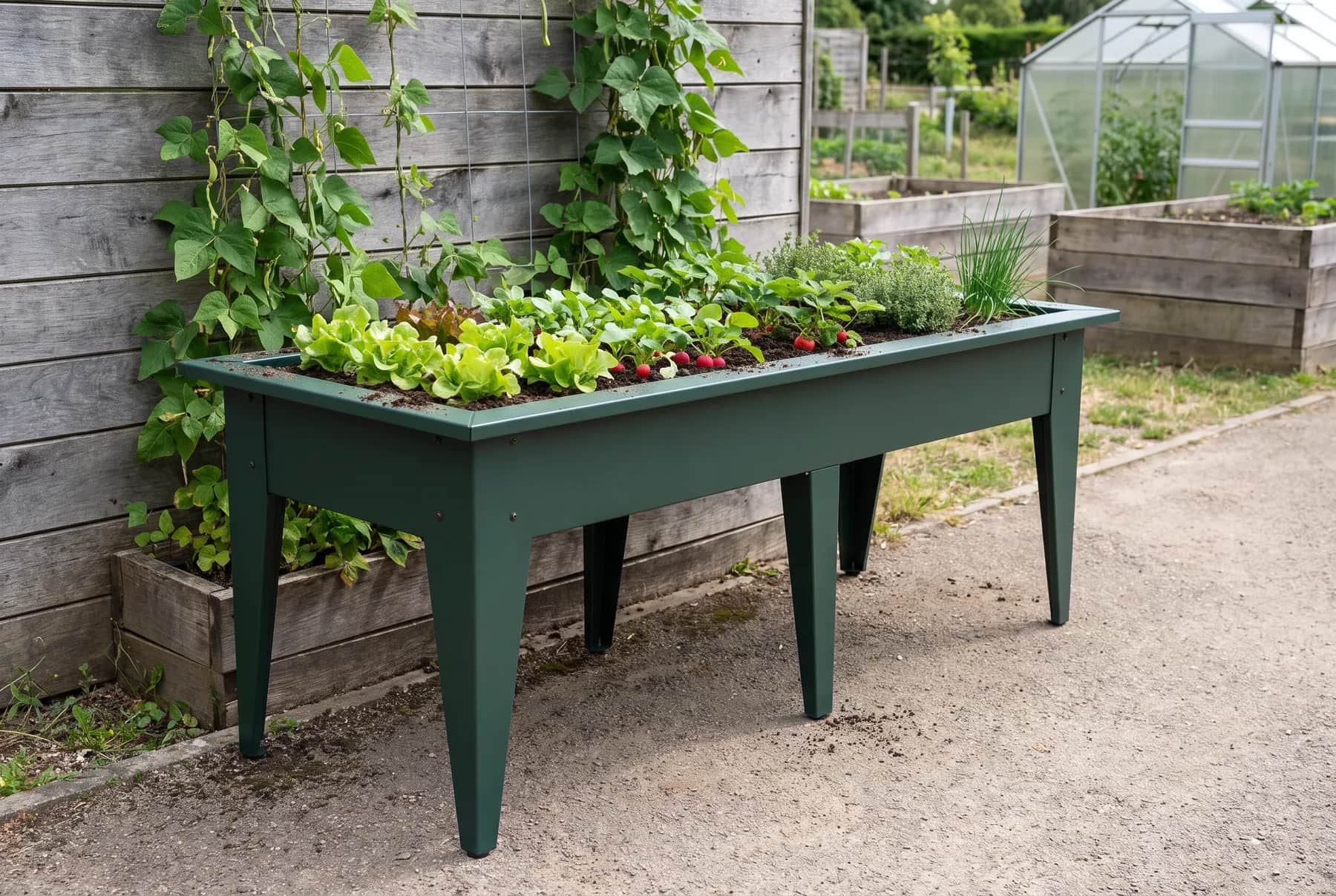 Table de culture en acier vert sapin 180 × 80 cm le long d'une clôture dans un jardin partagé