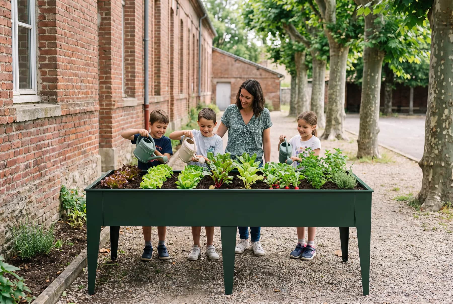 Enfants arrosant des semis dans une table de culture en acier vert sapin dans une cour d'école
