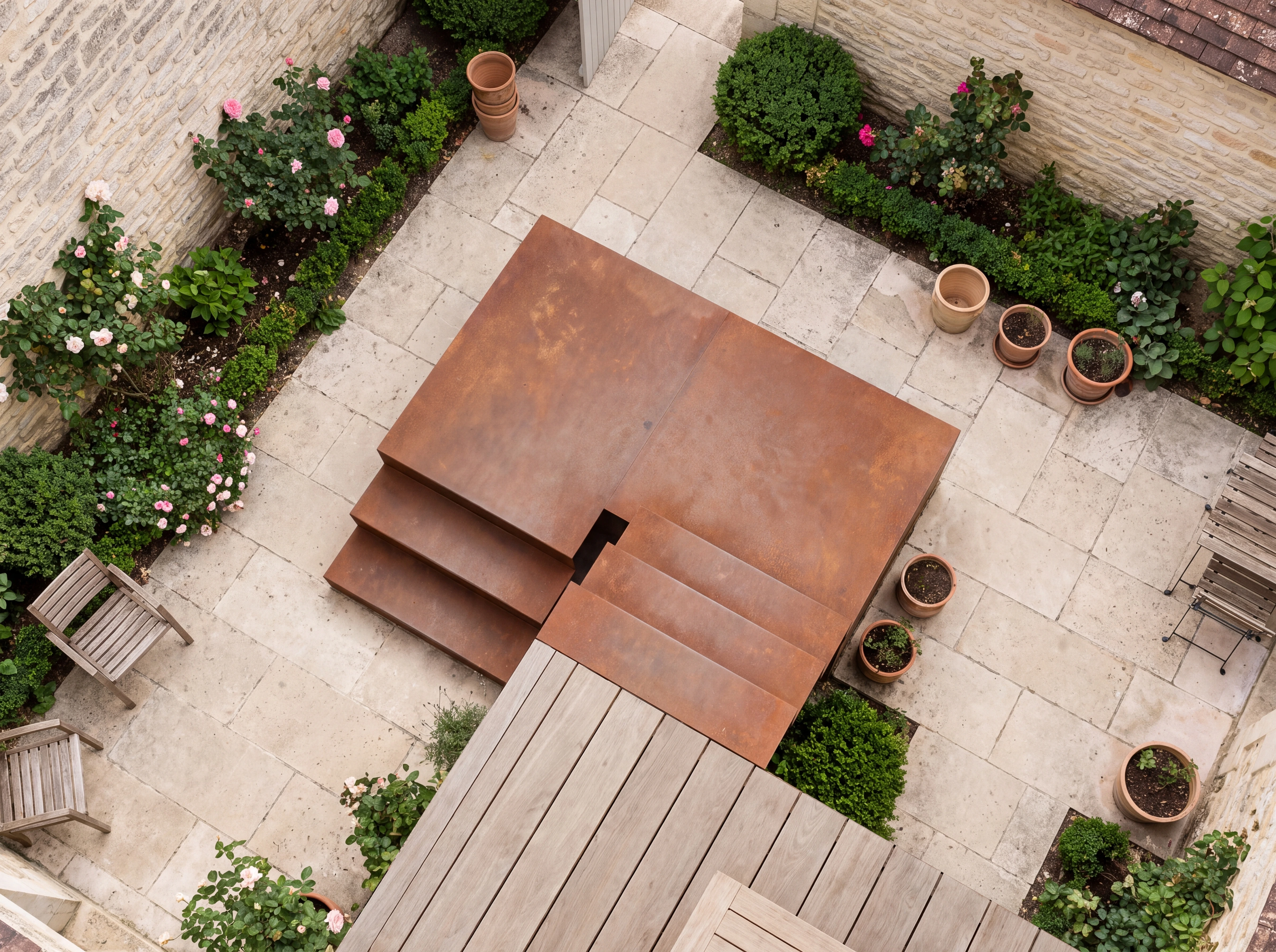 Escalier Corten en demi-tour avec palier, vu en plongée dans une cour résidentielle
