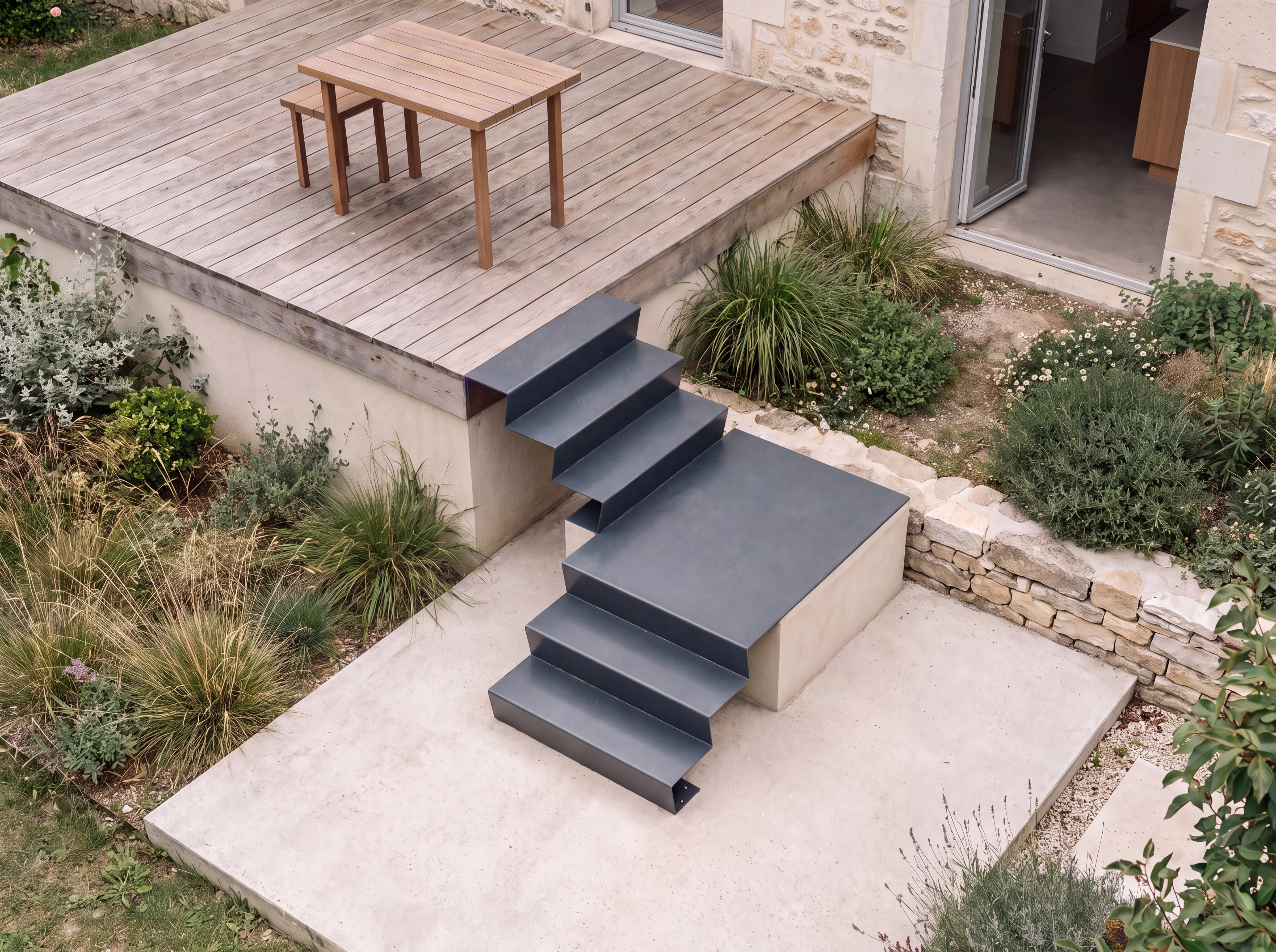 Escalier anthracite à quart tournant gauche avec palier, dans un jardin sur deux niveaux