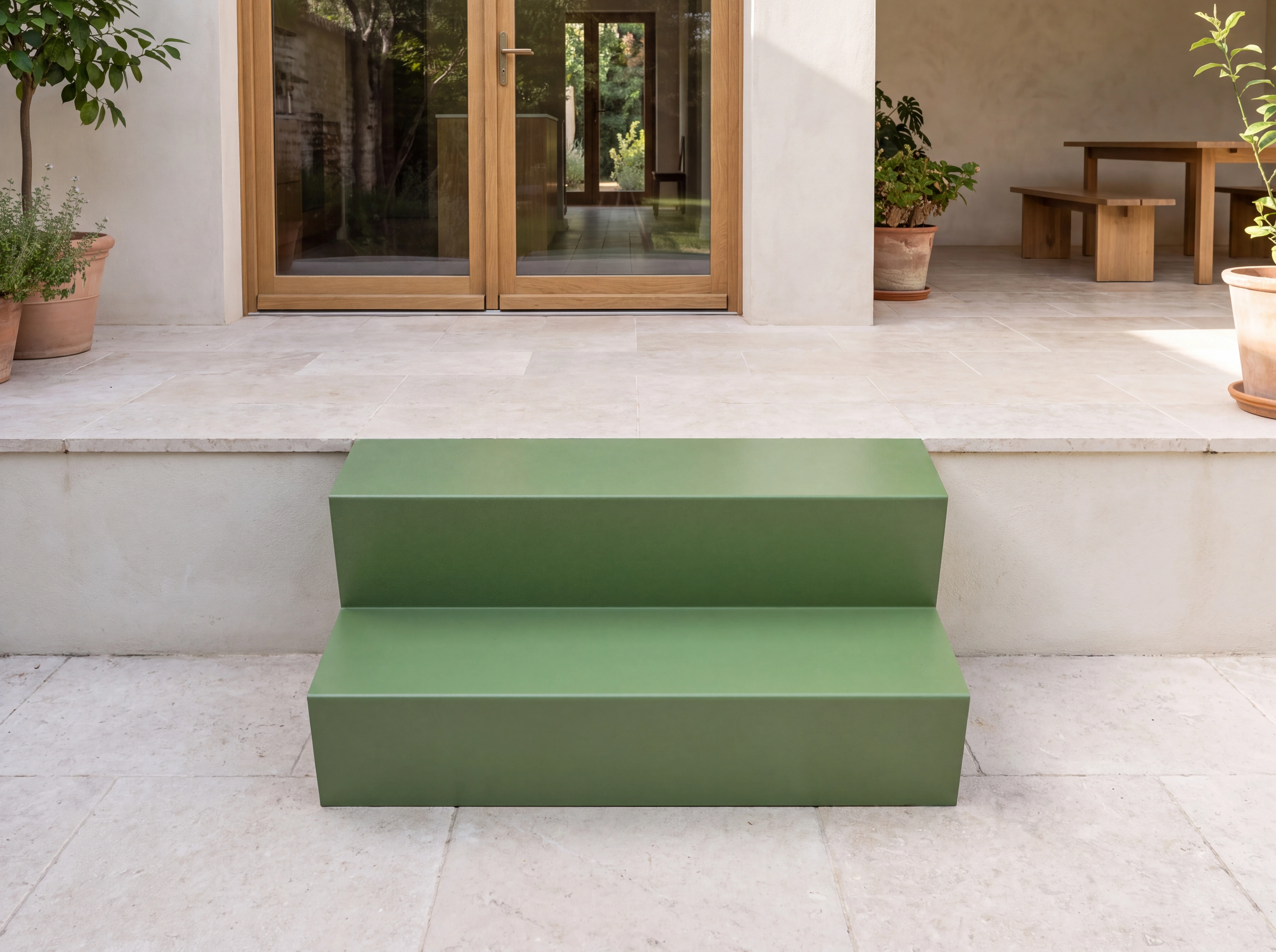 Escalier vert fougère de deux marches vu de face, à l’entrée d’une maison ouverte sur le jardin