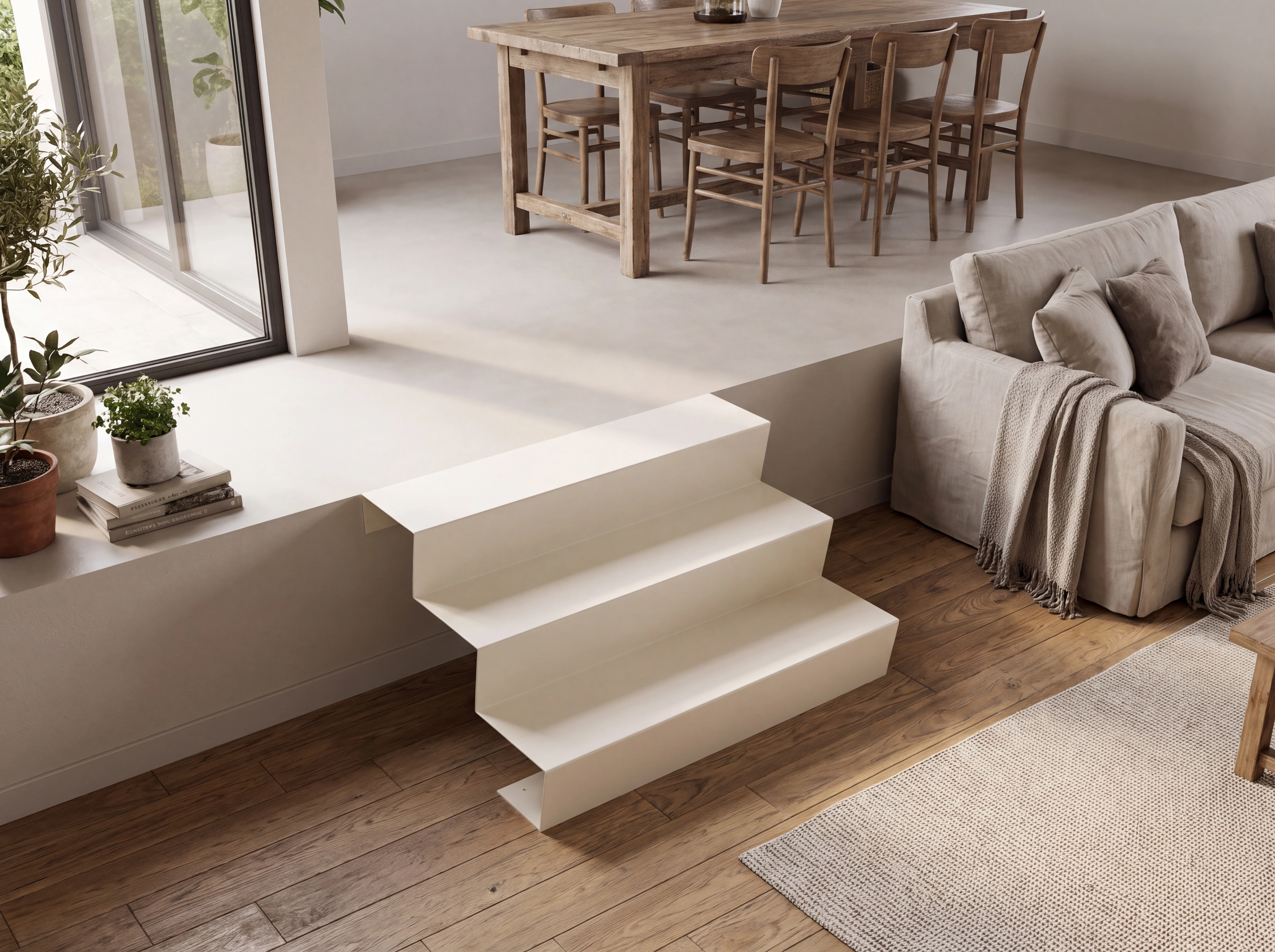 Escalier blanc crème de trois marches reliant le salon et la salle à manger d’une maison
